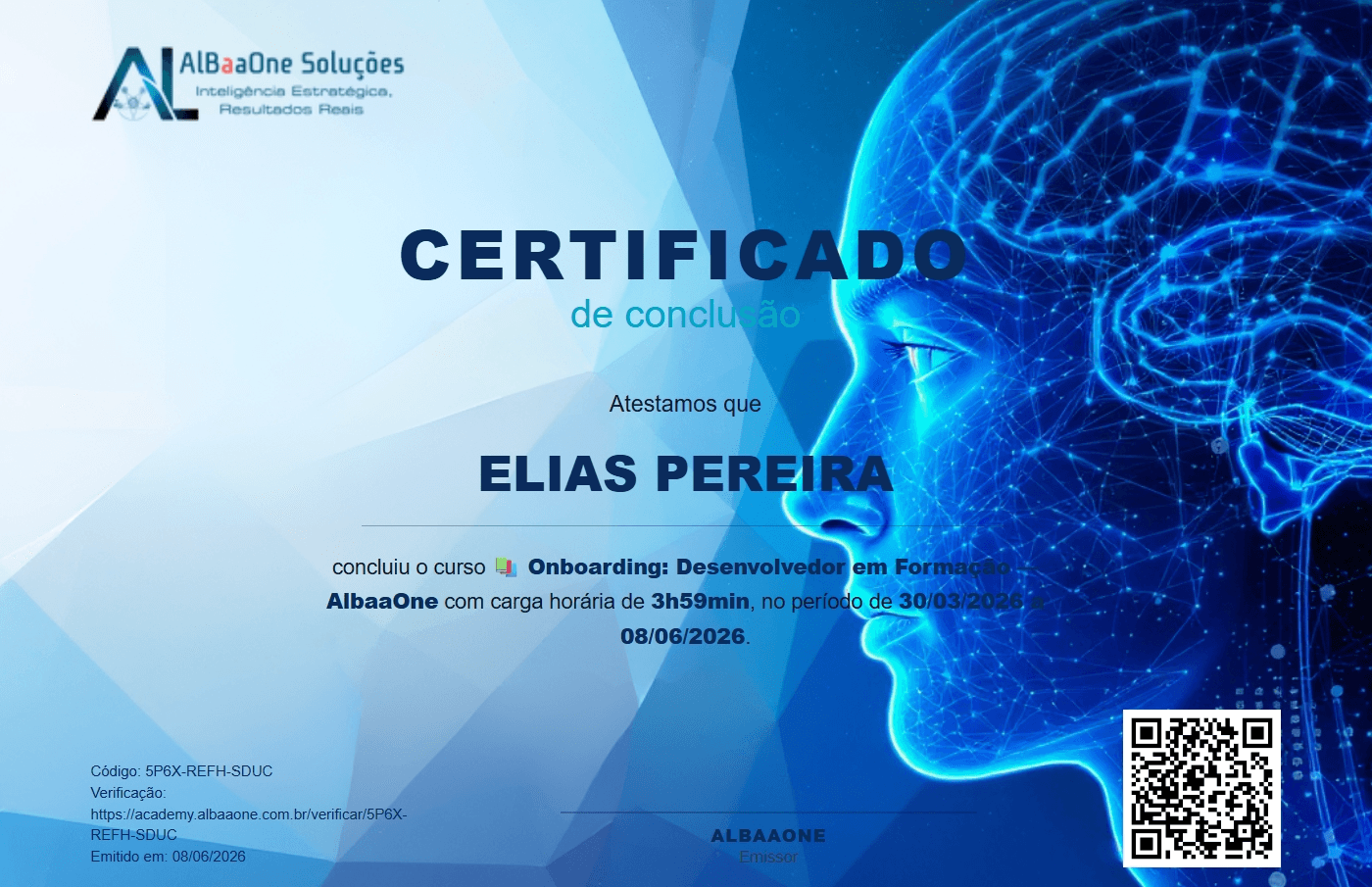 Tela de Certificado no AlBaaOne Academy